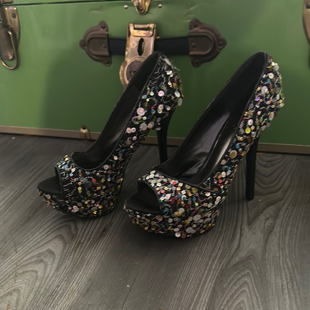 Sequin Peep-Toe Stiletto Heels - Multicolor
